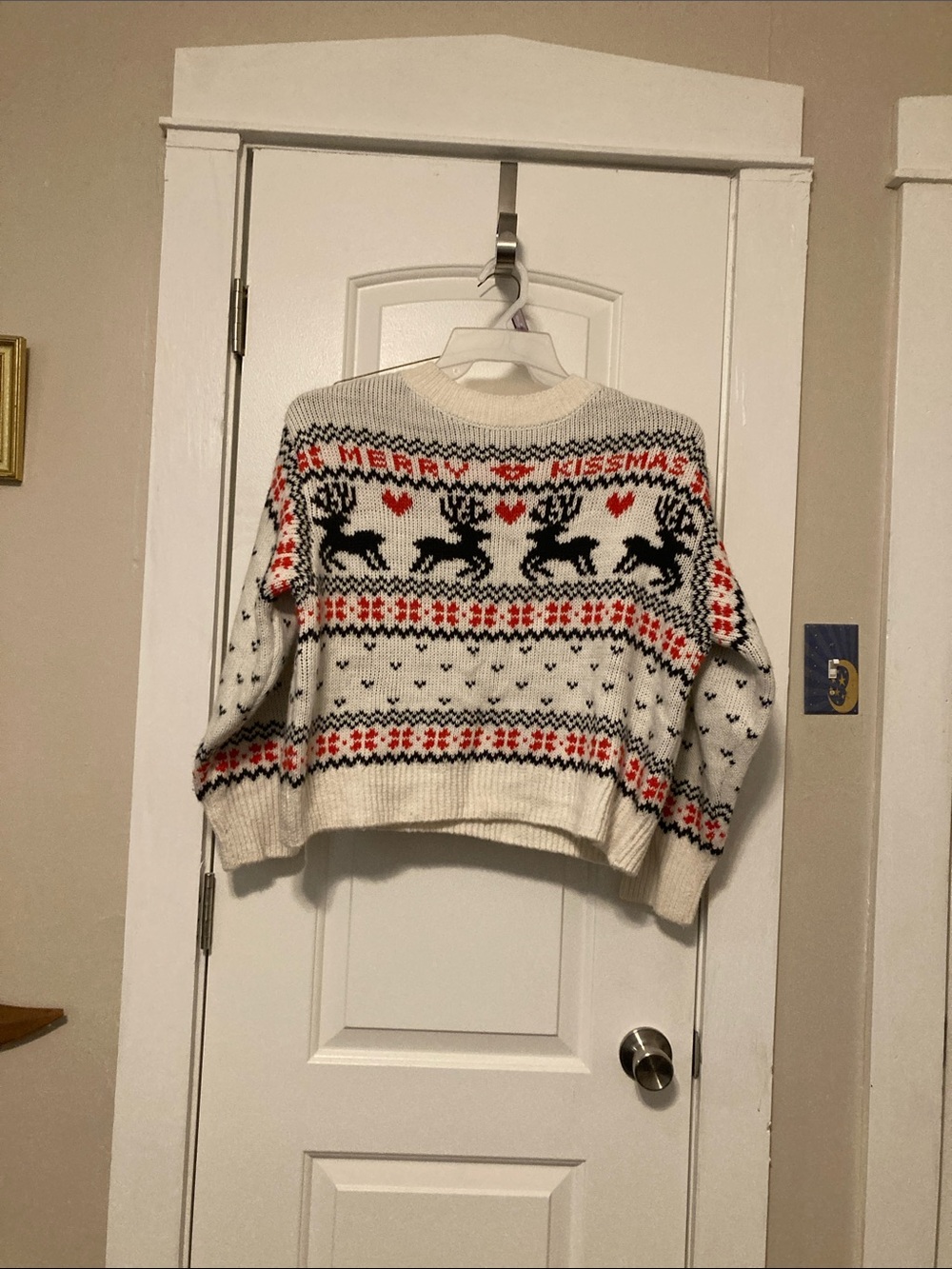 H&M Cream Knit Sweater with Red and Black Reindeer Motif